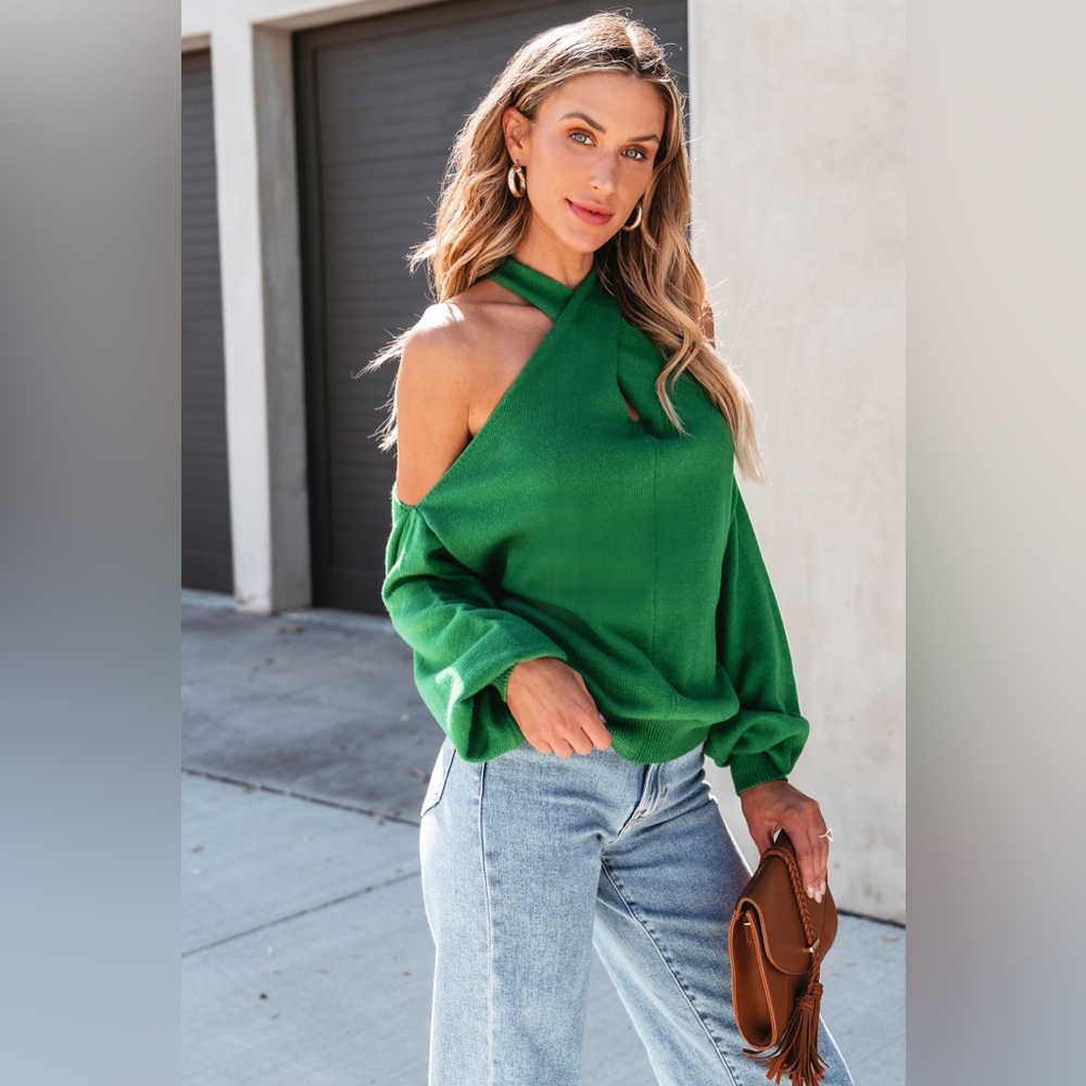 Cupshe Bright Spark Emerald Open-Shoulder Sweater
